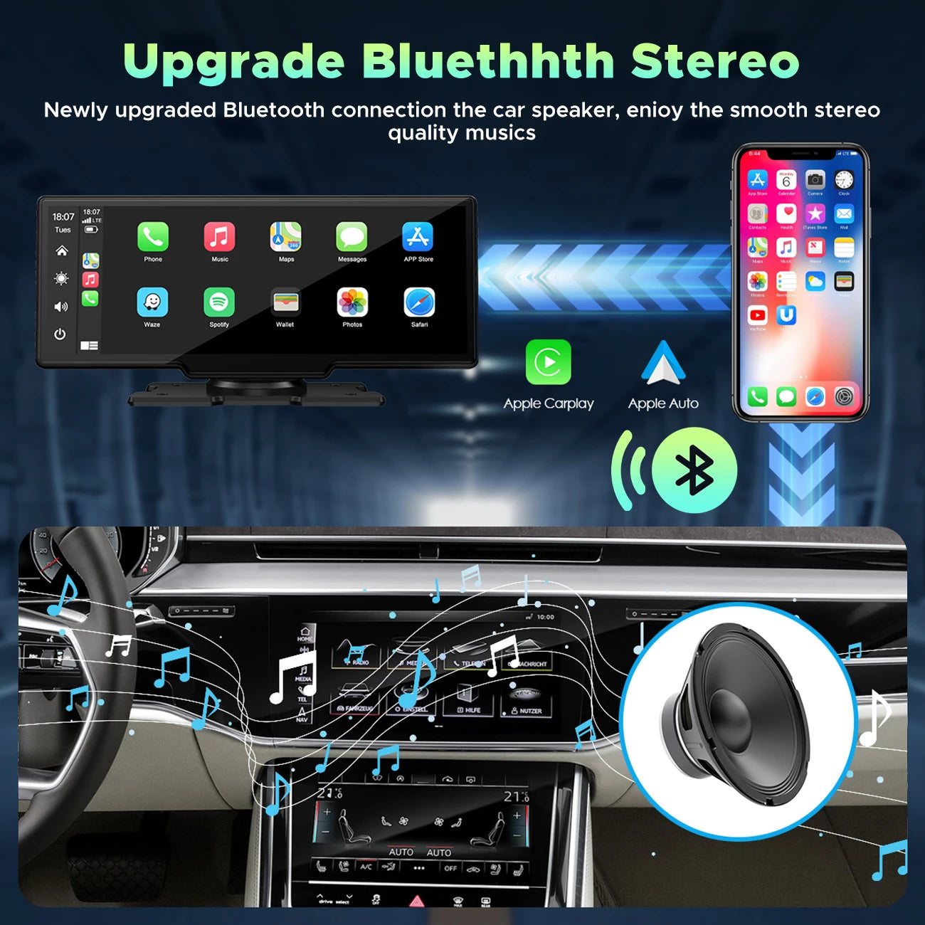 TOGUARD 10inch Dual Lens Wireless Apple Car play Screen